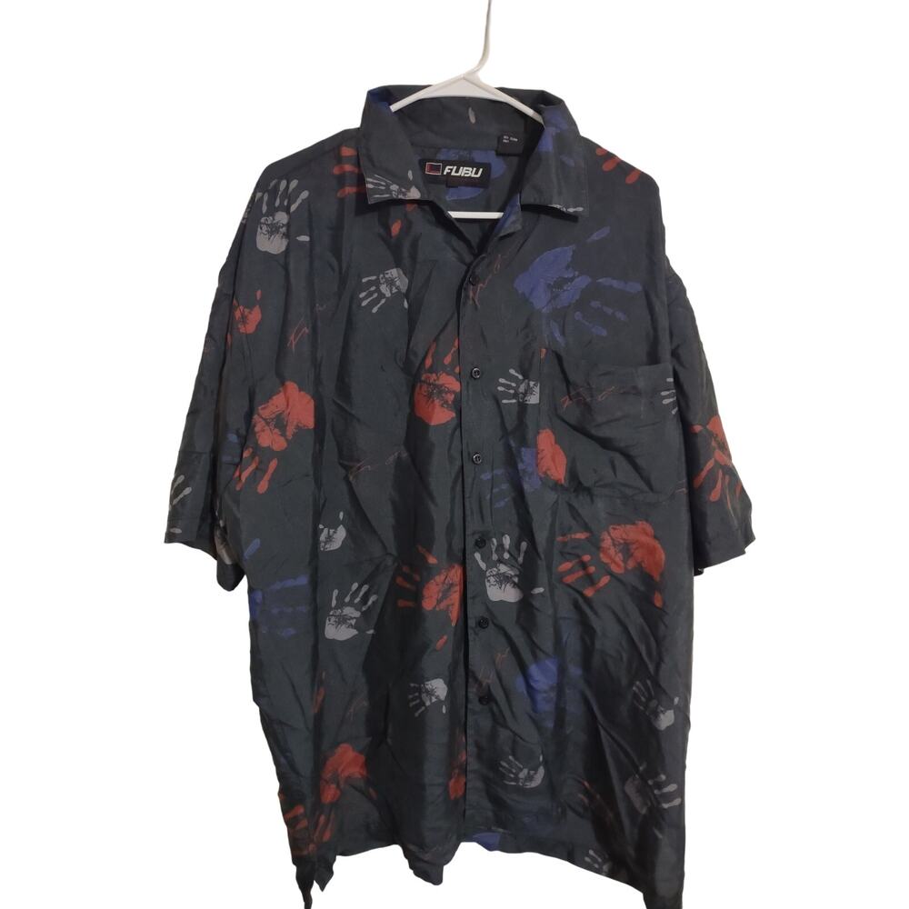 Vintage‎ 90's Fubu Hand Print Pattern 100 Percent Silk XL Streetwear Funky